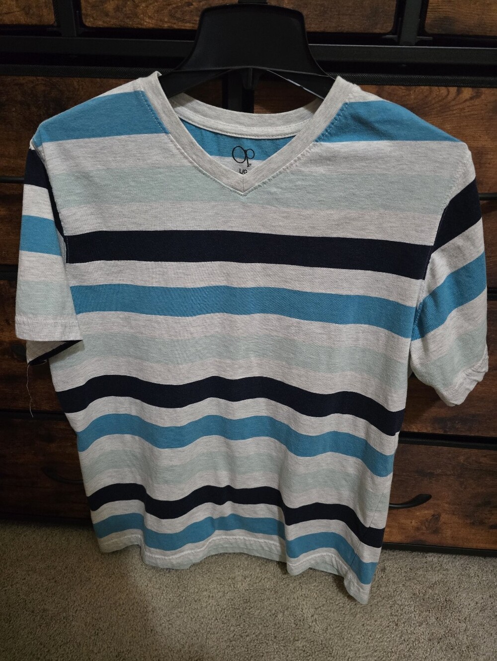 OP V-Neck Stripe Tee in Light Gray, Teal & Navy